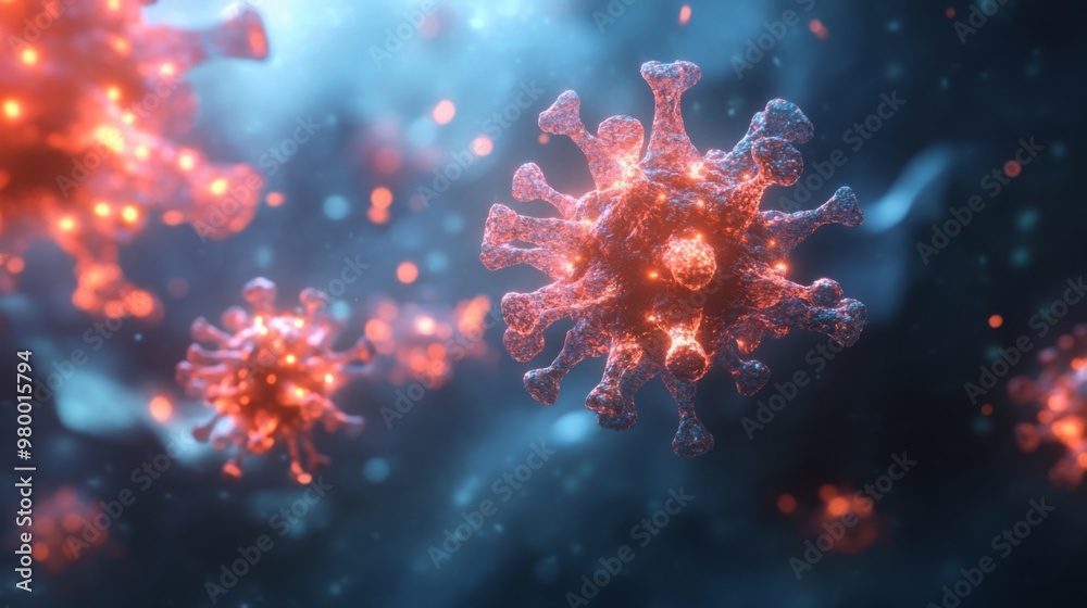 Aufkleber a digital rendering of a coronavirus, with a spiky, red outer layer and a glowing center. the corona