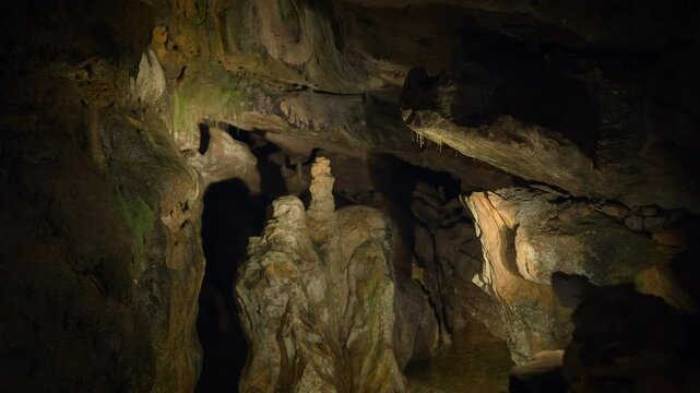 Illuminated Dark Rocky Stone Dripstone Caves Stalactite Background