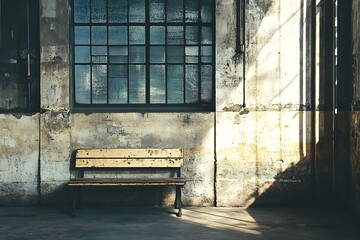Lonely Bench Outside an Abandoned Building with Sun Rays Streaming Through a Window