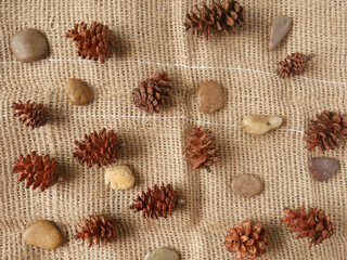 Sackcloth background with autumn elements with brown orange range of colors