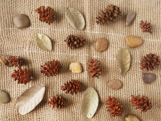 Sackcloth background with autumn elements with brown orange range of colors