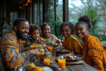 Fototapeta premium A joyful family of four, dressed in vibrant traditional attire, gathers around a table sharing a meal. 