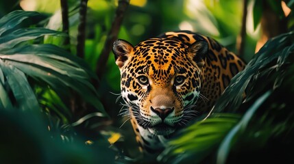 A jaguar stealthily stalking through the lush foliage of the Amazon jungle