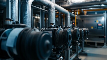 Naklejka premium Industrial Machinery with Pipes and a Control Panel in a Factory Setting