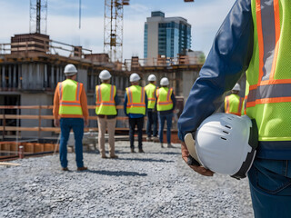 Sitio de construcción con una fuerza laboral de seguridad de riesgo que usa cascos

