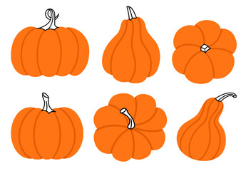 Set of different pumpkin shapes, perfect for autumn and Halloween-themed designs. Seasonal icons symbolize harvest, fall festivities, and spirit of Thanksgiving and Halloween celebrations.