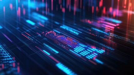 Obraz premium Close-up of stock market screen with bar graphs and lines, business analysis and finance concept.