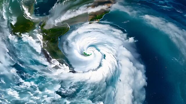 Massive hurricane swirling over ocean satellite view of powerful cyclone extreme weather storm natural disaster phenomenon