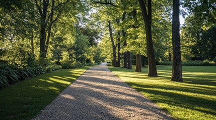Obraz premium Empty gravel path winding through a tranquil park forest with tall green trees and shadows.