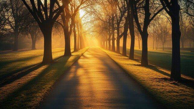 Empty park pathway at sunrise with light mist and trees casting long shadows