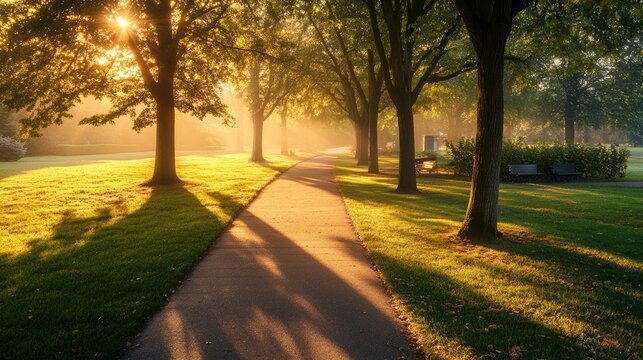 Empty park pathway at sunrise with light mist and trees casting long shadows