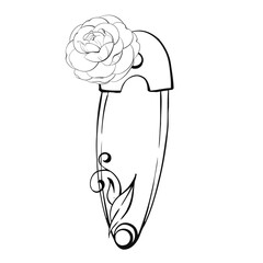 Vintage sewing tools - pin. Romantic, retro style with flowers, roses and curl. Tailoring and decoration. Vintage old-fashion, tailoring for logo, postcard, fabric, printing. Graphic vector line, hand