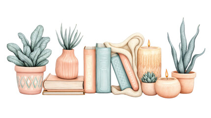 Hygge Home Decor with Plants, Books, and Candles