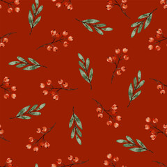 Beautiful Christmas floral pattern featuring red and green leaves on a rich rust background in a decorative design