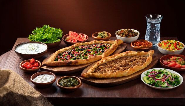Turkish pide with minced meat, green peppers on wooden tray. Served with ayran drink, salad and ingredients Turkish name; Kiymali Pide. Traditional Turkish cuisine. Turkish pizza Pita with meat