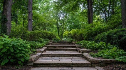 Fototapeta premium Serene park walkway with stone steps leading to a wooded area, framed by tall trees and shrubs.