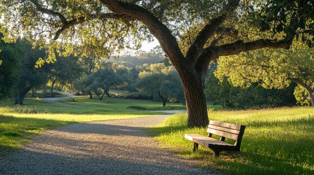 Sunlit park bench under a large oak tree with a quiet gravel path curving into the distance. -