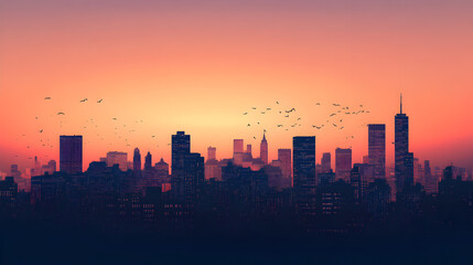 Silhouette of a city skyline at dusk.


