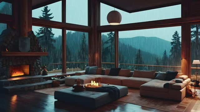cozy living room with a warm fireplace and a large window showcasing a peaceful winter scene perfect for holiday ambiance, relaxation and seasonal animation backgrounds