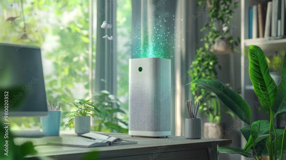 Poster an air purifier stands on a desk, releasing a colorful mist in a bright home office adorned with pla