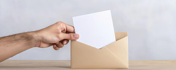 Obraz premium A hand placing a blank letter into an envelope, symbolizing communication and the art of letter writing.
