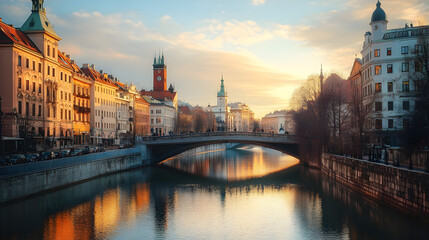 Obraz premium Simple bridge spanning across a river in a city.