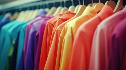 Fashion clothes on clothing rack - bright colorful closet. Closeup of rainbow color choice of trendy female wear on hangers in store closet or spring cleaning concept