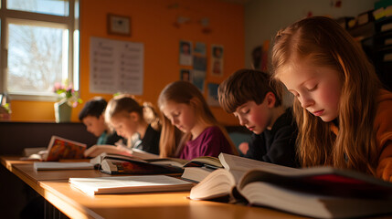 Fototapeta premium Students reading books quietly at their desks in a cozy classroom.
