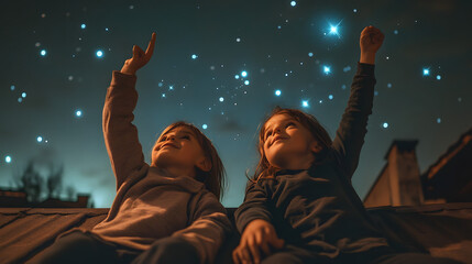 Two children lying side by side on a rooftop at night pointing out constellations in the starry sky.