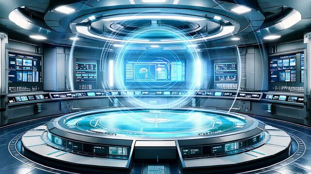 Futuristic holographic control room with advanced technology digital interface sci-fi spaceship interior virtual system