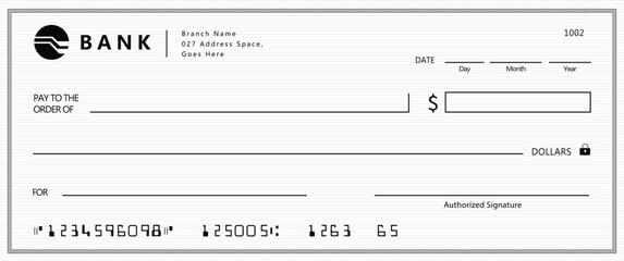 Bank check, vector blank money cheque, checkbook template with guilloche pattern and fields. Currency payment coupon, money check background