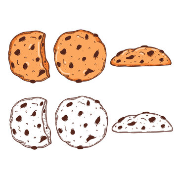 Oat cookie, bitten, whole vector coloring page for coloring book. Bake sweet dessert product for breakfast or lunch, hand drawn sketch
