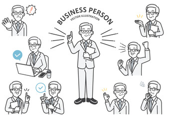 年配の男性会社員の表情や仕草のイラストセット