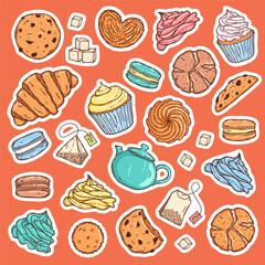 Pastry sweet vector stickers collection. Cupcake, macaron, cream topping, cookies and croissant, fruit and berry confectionery set