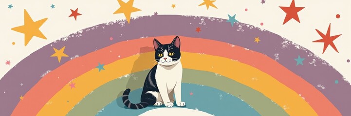 A whimsical illustration of a cat sitting on a vibrant rainbow with stars, perfect for pet-themed designs or children's products.
