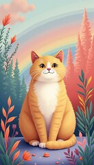 A charming illustrated orange cat against a vibrant rainbow backdrop, surrounded by colorful foliage. Perfect for pet-related designs, children's books, or nature themes.