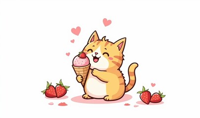A cute cartoon cat enjoying an ice cream cone surrounded by strawberries, radiating joy and sweetness, perfect for children's products or food-related marketing.