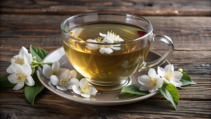 Jasmine Green Tea in Glass Cup with Fresh Jasmine Flowers on Rustic Table