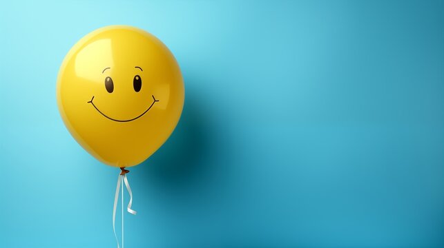 Blue smiling face balloon isolated on blue background.