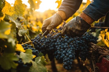 A farmer harvests grapes for wine production in intense sunlight with clippers