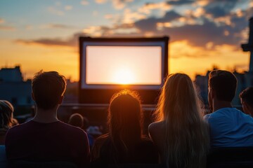 A few individuals viewing a film outdoors at sunset an open air cinema setup with a blank wall for projection