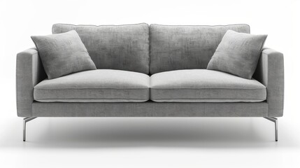 modern, minimalist sofa with clean lines and light gray fabric upholstery