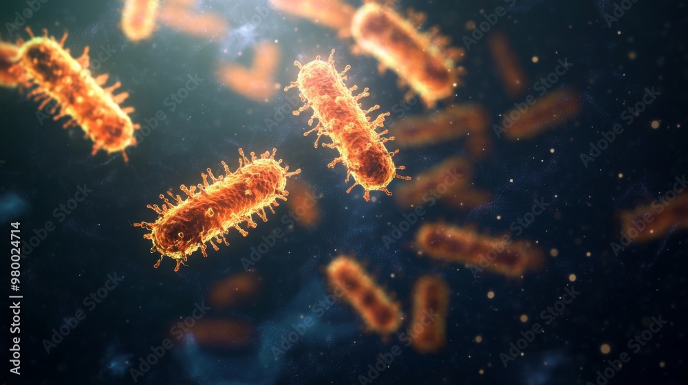 Fototapete vibrant bacteria are actively multiplying in a microscopic landscape illuminated by soft light. the 