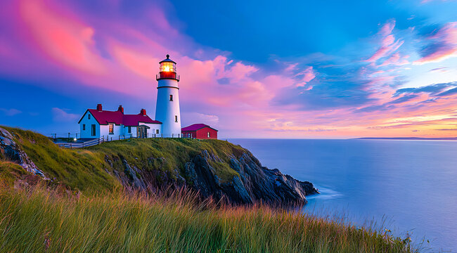 Paysage avec phare sur la c&ocirc;te au bord de l'oc&eacute;an