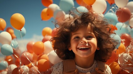 Cheerful funny child holding colourful balloons on a sky background.