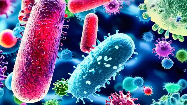 Microscopic view of bacteria and viruses colorful microorganisms in biological research infection science healthcare study
