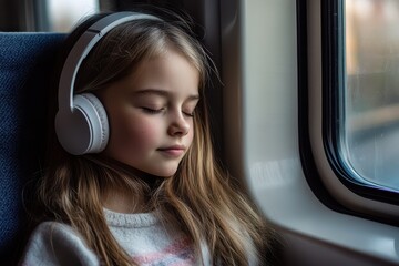 A girl enjoys audio content on a train