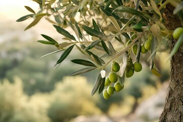 A green olive tree and olives