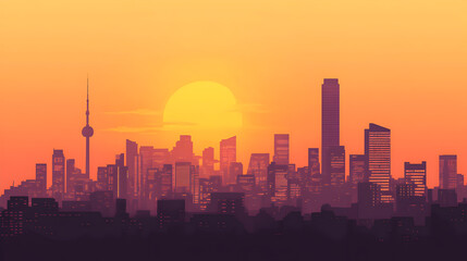 Obraz premium Simple skyline of tall buildings at sunset.