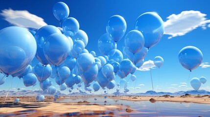 full of many blue, silever and white floating balloons.